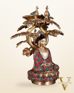 Exquisite Brass Buddha Under Tree Statue - 16.5" Floral stonework