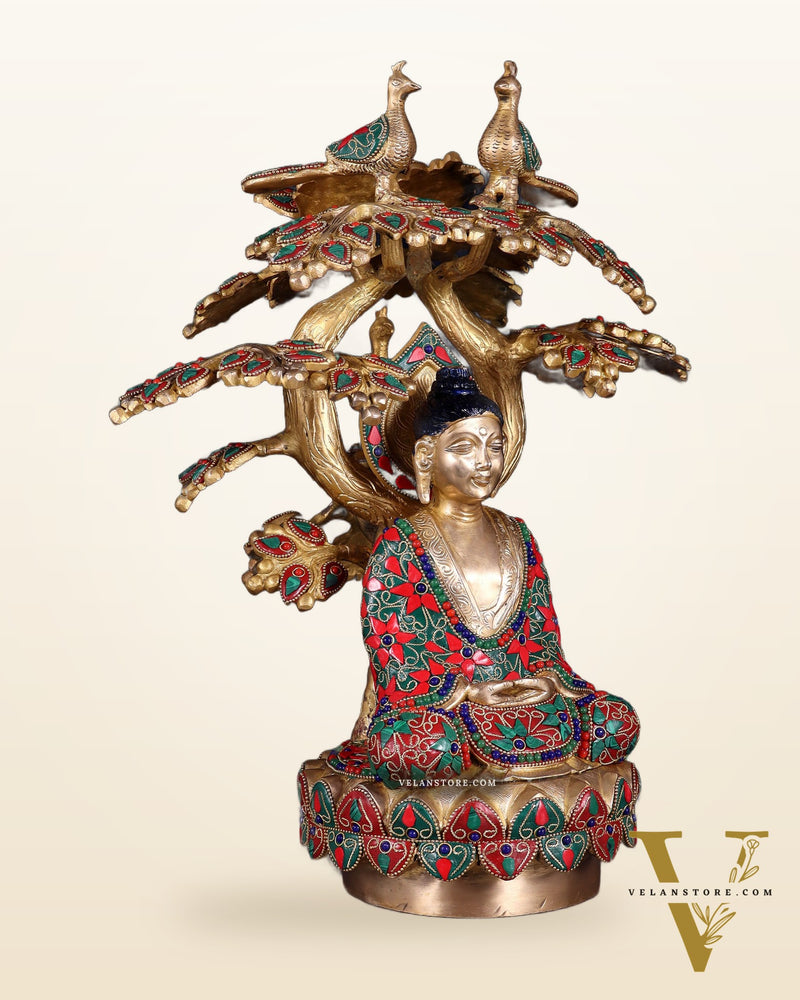 Exquisite Brass Buddha Under Tree Statue - 16.5" Floral stonework