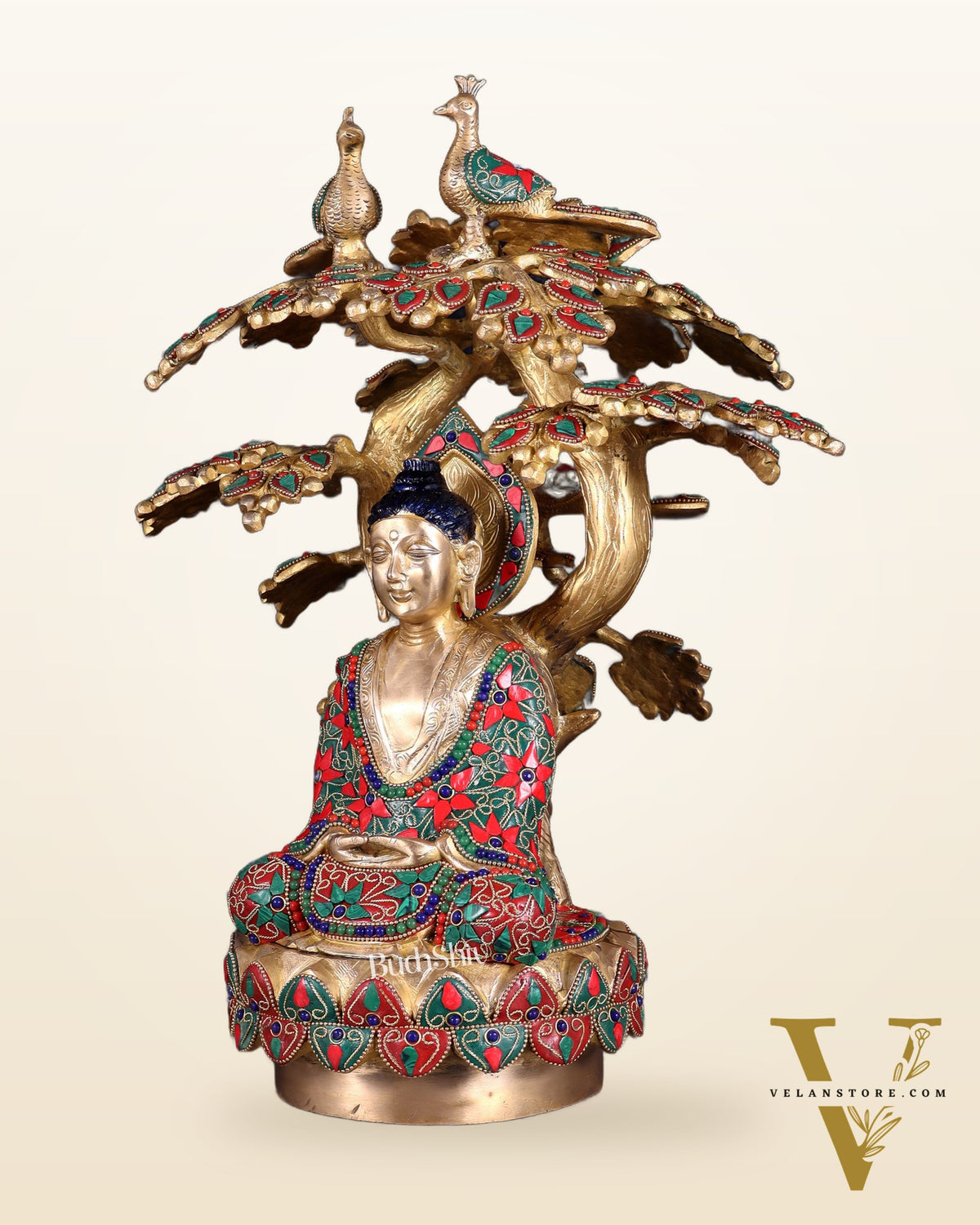 Exquisite Brass Buddha Under Tree Statue - 16.5" Floral stonework