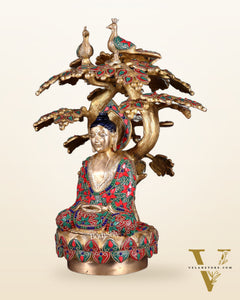 Exquisite Brass Buddha Under Tree Statue - 16.5" Floral stonework