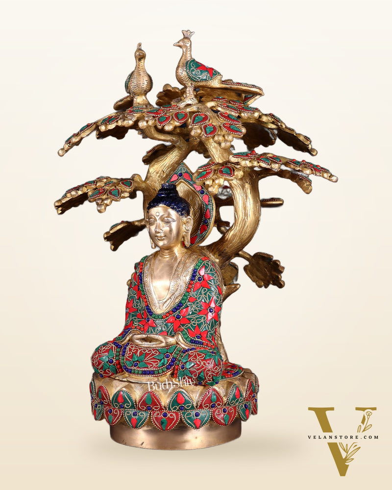 Exquisite Brass Buddha Under Tree Statue - 16.5" Floral stonework
