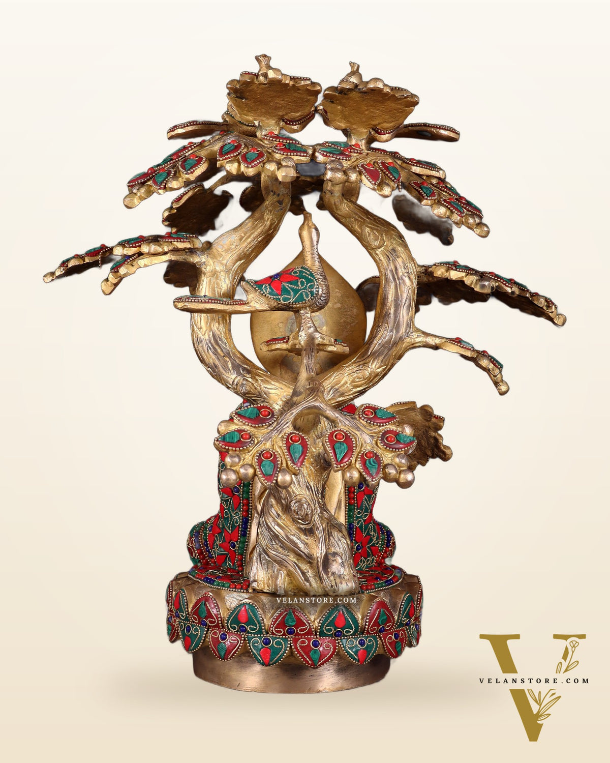 Exquisite Brass Buddha Under Tree Statue - 16.5" Floral stonework