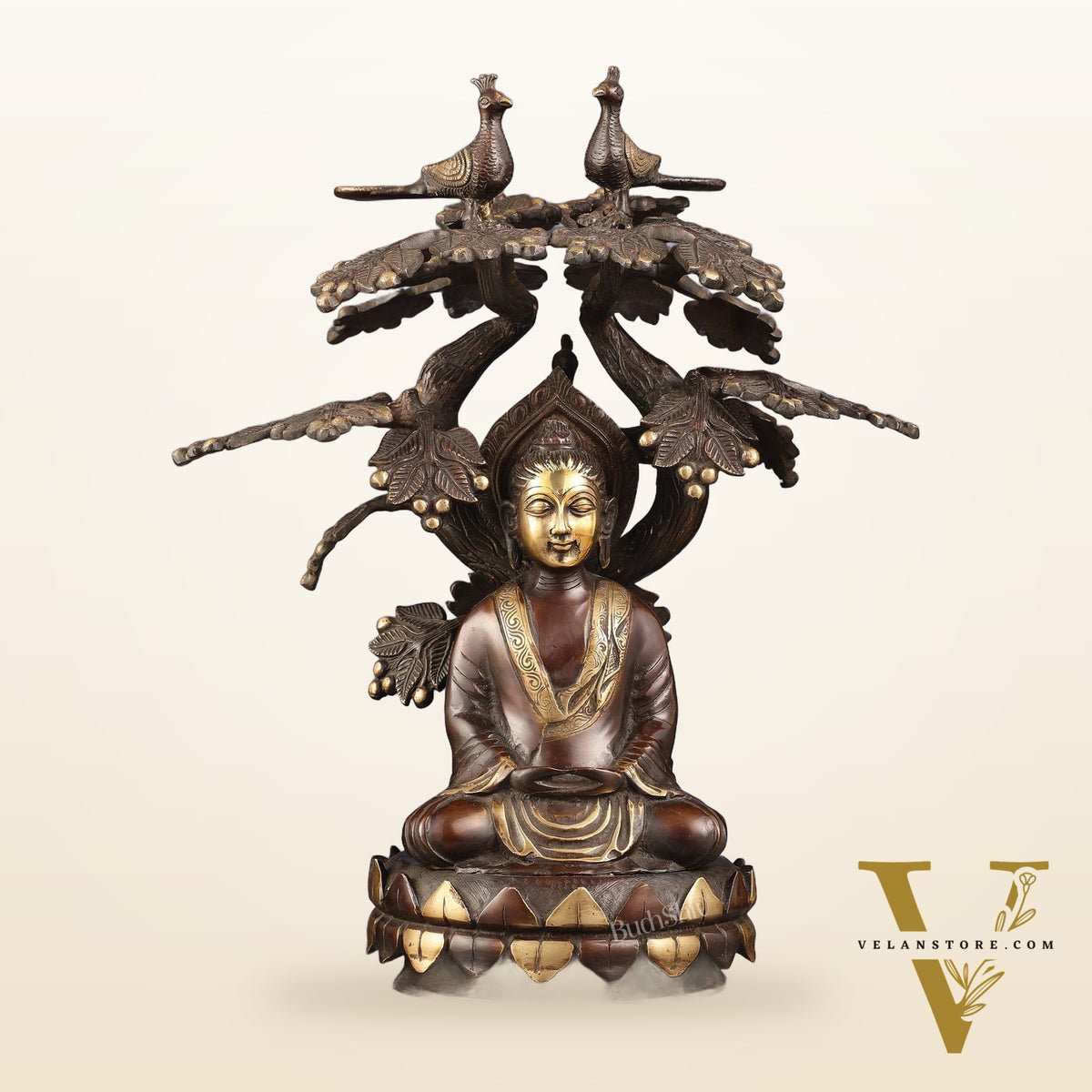 Exquisite Brass Buddha Under Tree Statue - 16.5"