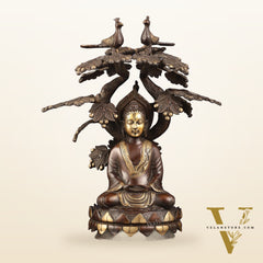 Exquisite Brass Buddha Under Tree Statue - 16.5"