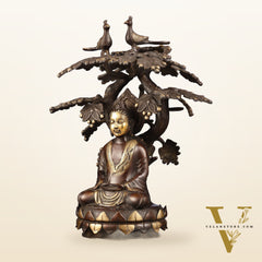 Exquisite Brass Buddha Under Tree Statue - 16.5"