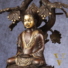 Exquisite Brass Buddha Under Tree Statue - 16.5"