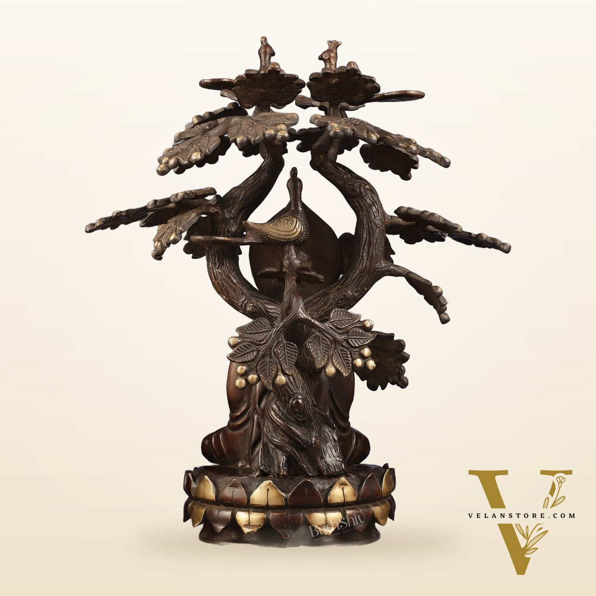 Exquisite Brass Buddha Under Tree Statue - 16.5"