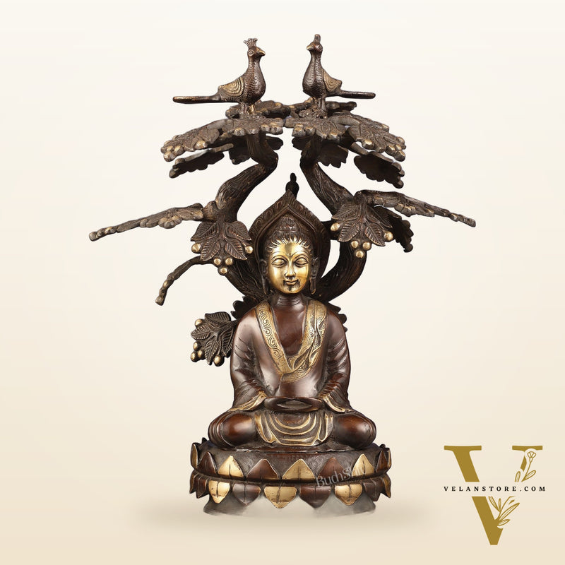Exquisite Brass Buddha Under Tree Statue - 16.5"