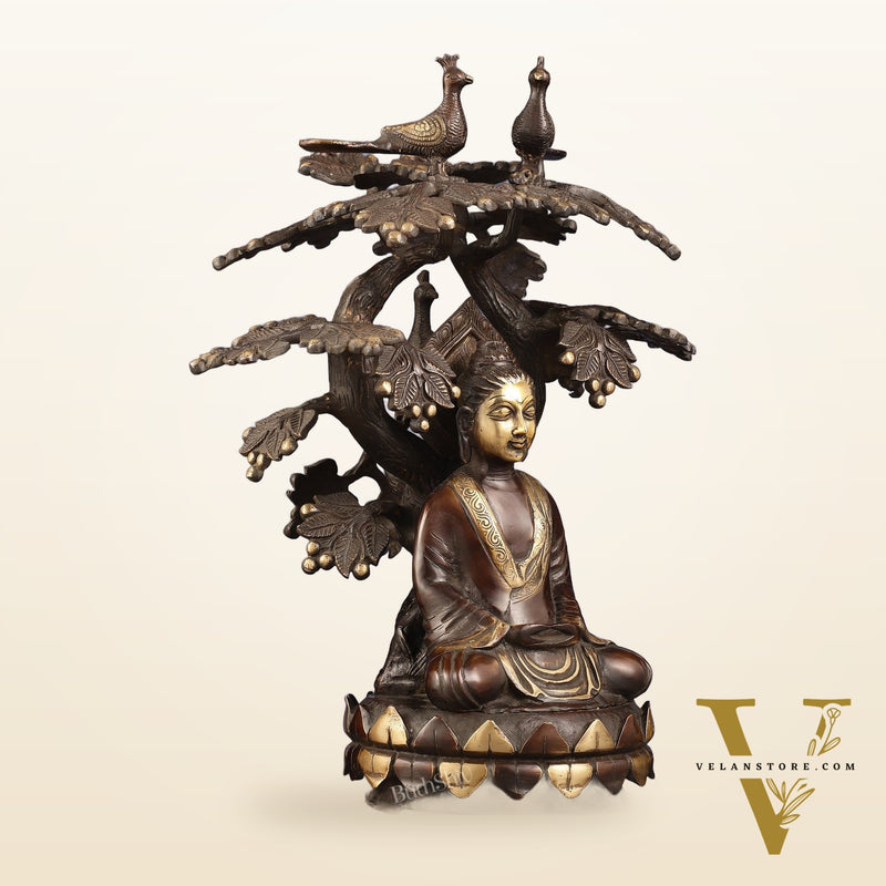Exquisite Brass Buddha Under Tree Statue - 16.5"