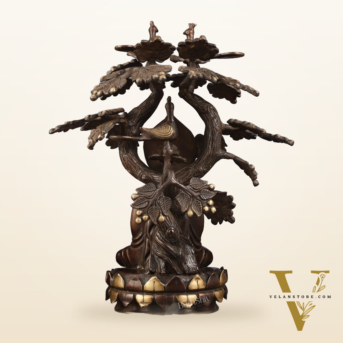 Exquisite Brass Buddha Under Tree Statue - 16.5"