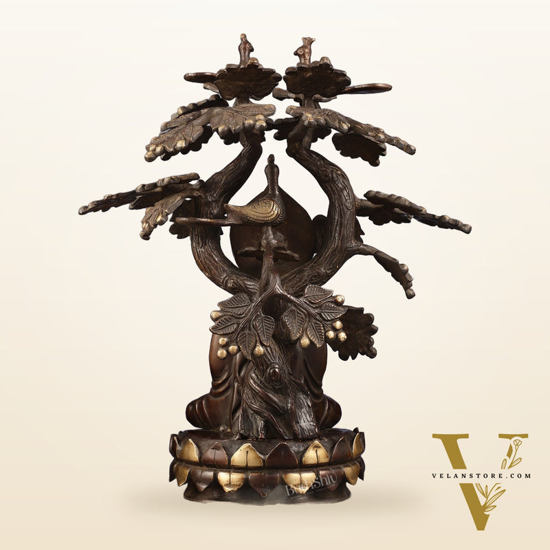 Exquisite Brass Buddha Under Tree Statue - 16.5"