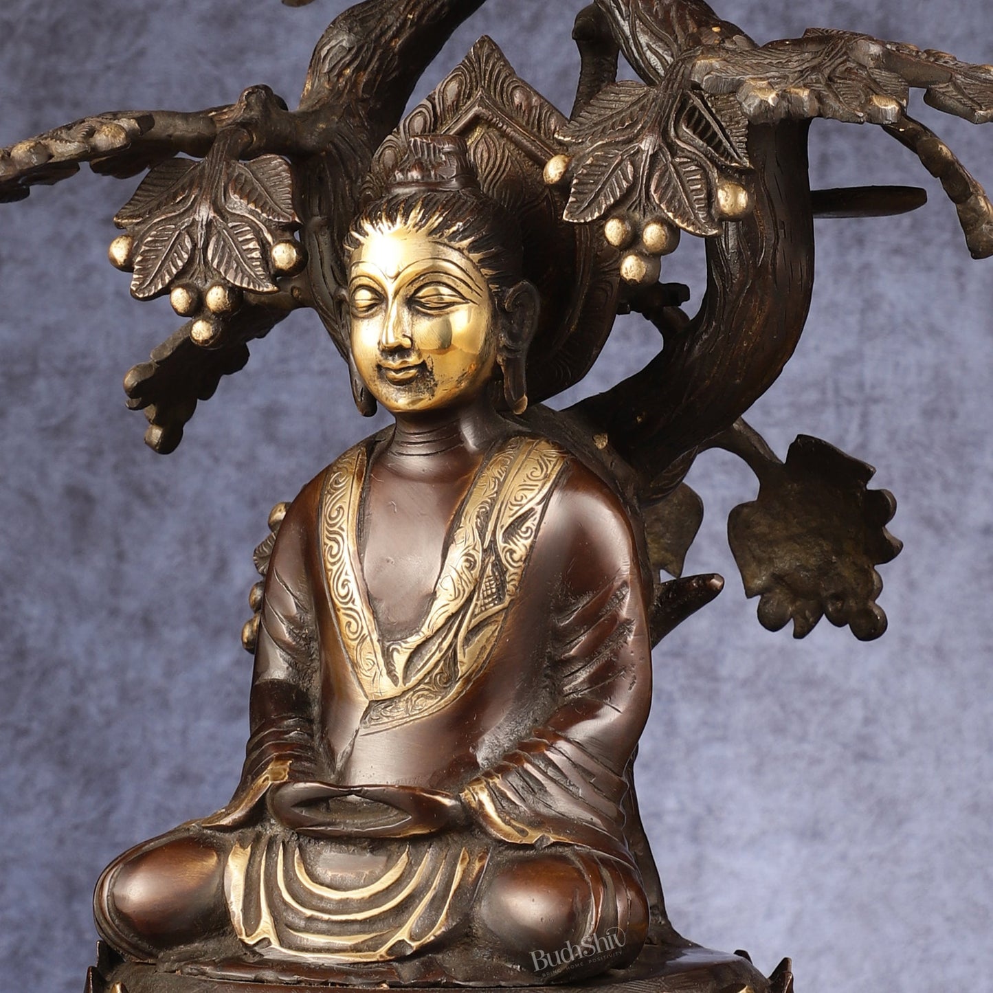 Exquisite Brass Buddha Under Tree Statue - 16.5"