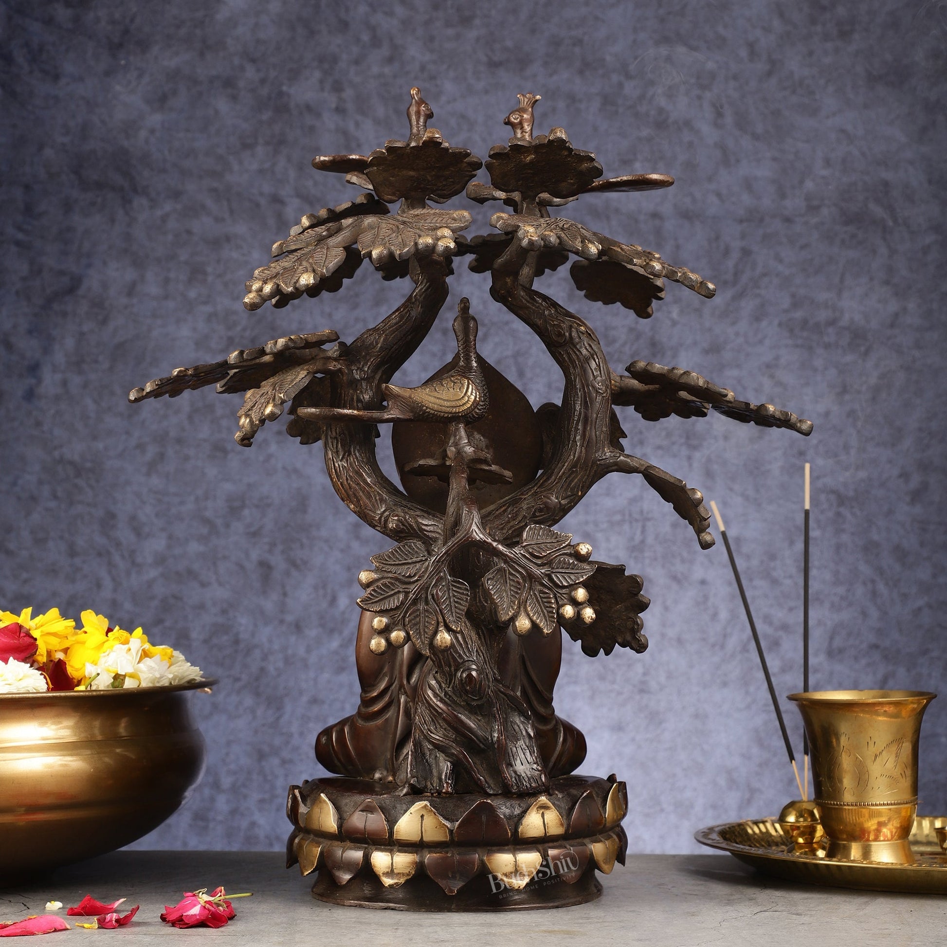 Exquisite Brass Buddha Under Tree Statue - 16.5"