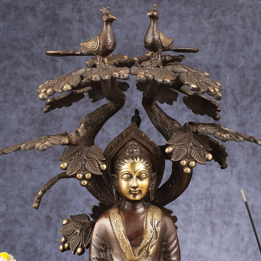 Exquisite Brass Buddha Under Tree Statue - 16.5"