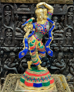 Exquisite Brass Dancing Lady with Parrot Applying Sindoor - 24 Inch Meenakari Artwork
