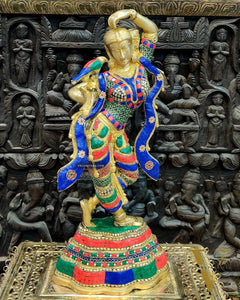 Exquisite Brass Dancing Lady with Parrot Applying Sindoor - 24 Inch Meenakari Artwork