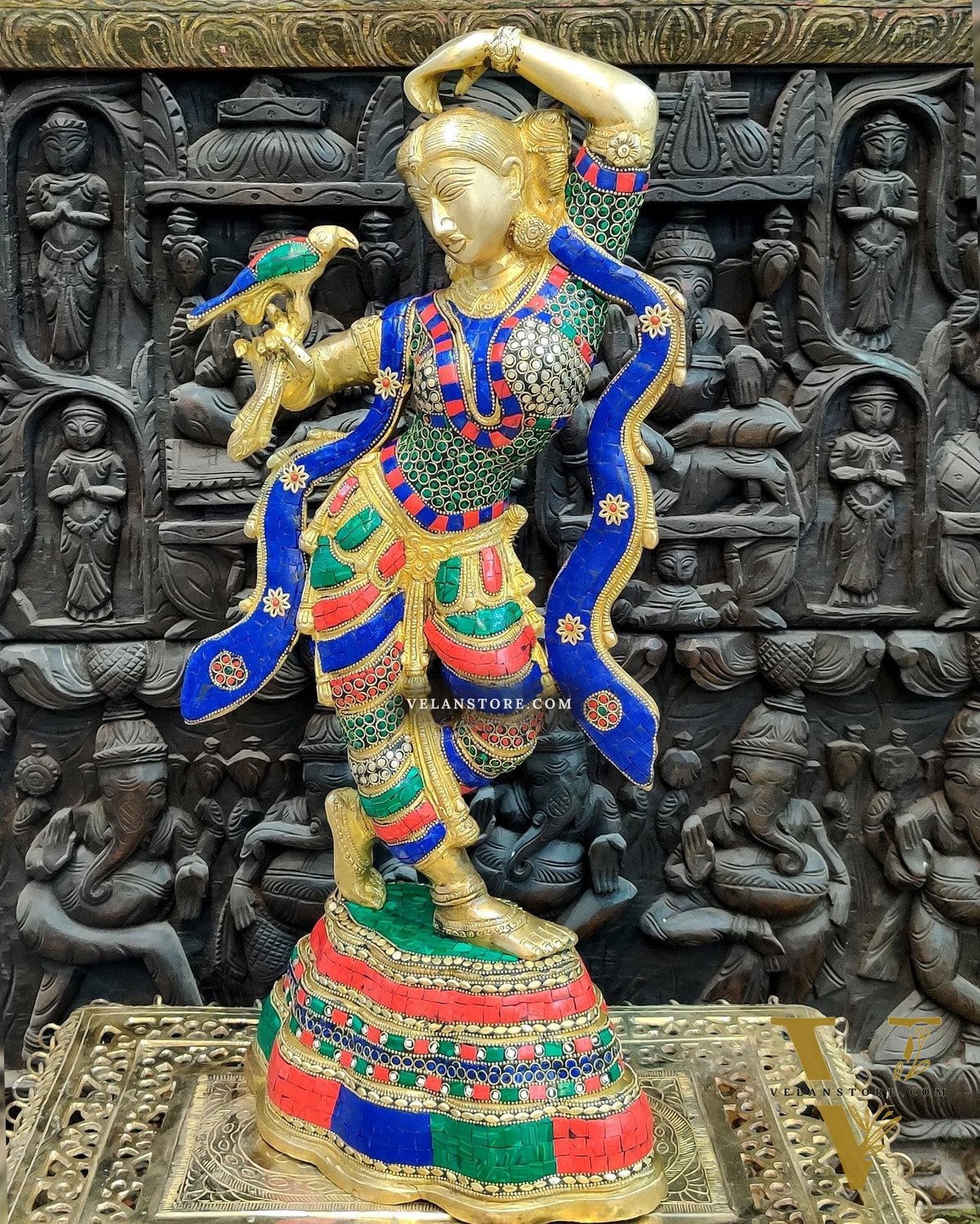 Exquisite Brass Dancing Lady with Parrot Applying Sindoor - 24 Inch Meenakari Artwork