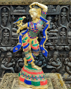 Exquisite Brass Dancing Lady with Parrot Applying Sindoor - 24 Inch Meenakari Artwork