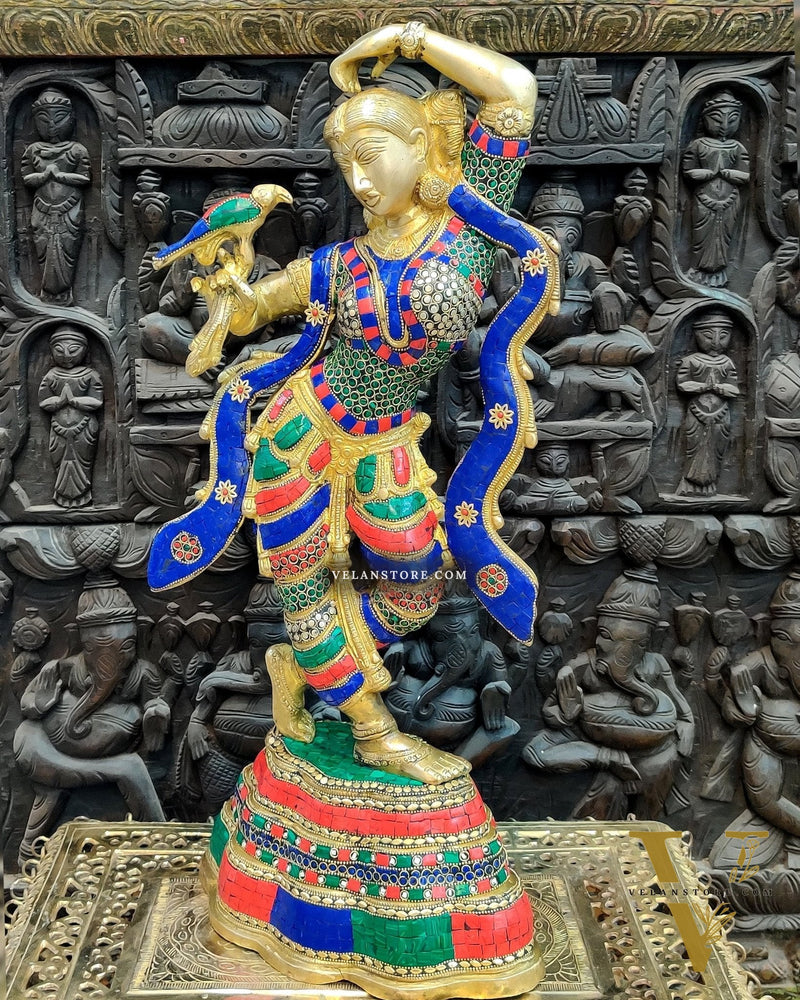 Exquisite Brass Dancing Lady with Parrot Applying Sindoor - 24 Inch Meenakari Artwork