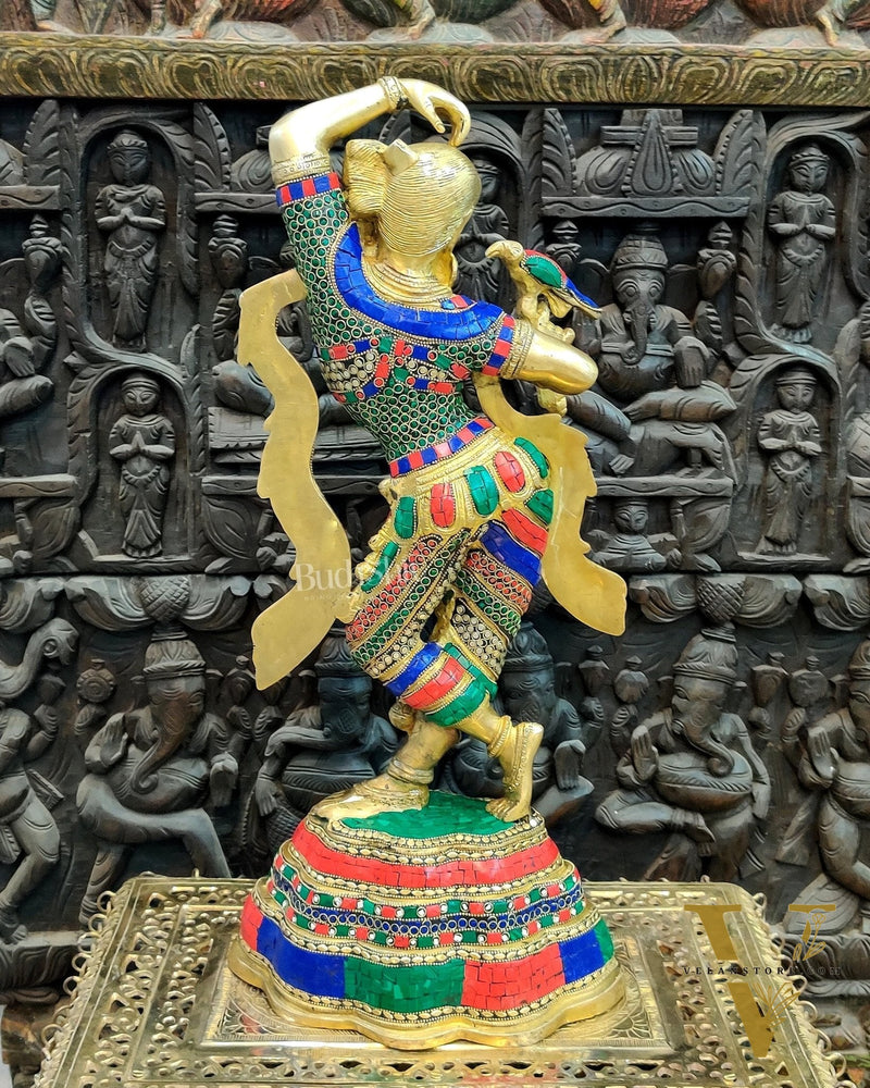 Exquisite Brass Dancing Lady with Parrot Applying Sindoor - 24 Inch Meenakari Artwork