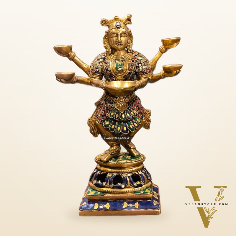 Exquisite Brass Deep Dancing Deep Lakshmi Pavaai Vilakku | 6 Arms | 14-inch SW