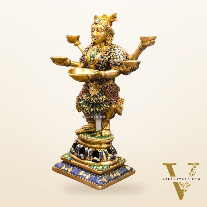 Exquisite Brass Deep Dancing Deep Lakshmi Pavaai Vilakku | 6 Arms | 14-inch SW