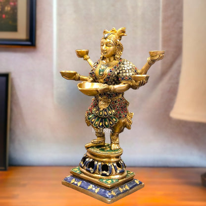 Exquisite Brass Deep Dancing Deep Lakshmi Pavaai Vilakku | 6 Arms | 14-inch SW