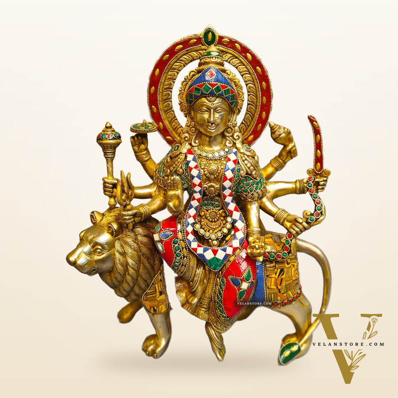 Exquisite Brass Durga Mata Idol | Devi Durga Sculpture | 15" stonework