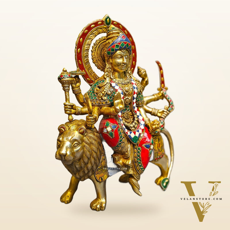 Exquisite Brass Durga Mata Idol | Devi Durga Sculpture | 15" stonework