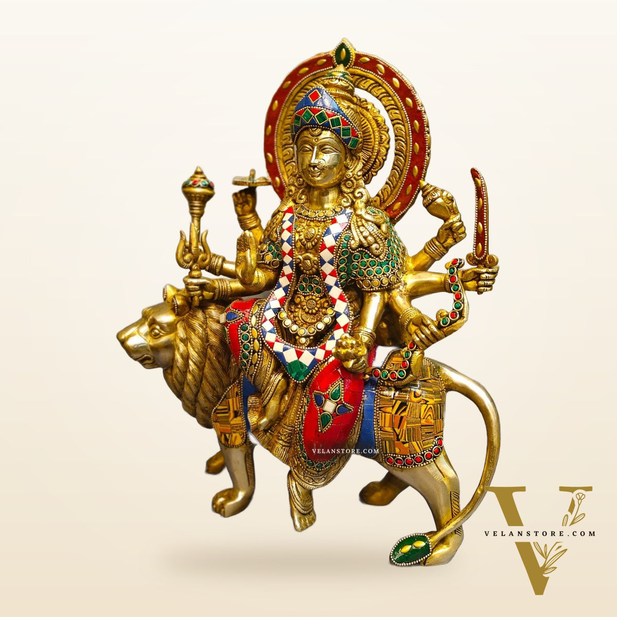 Exquisite Brass Durga Mata Idol | Devi Durga Sculpture | 15" stonework