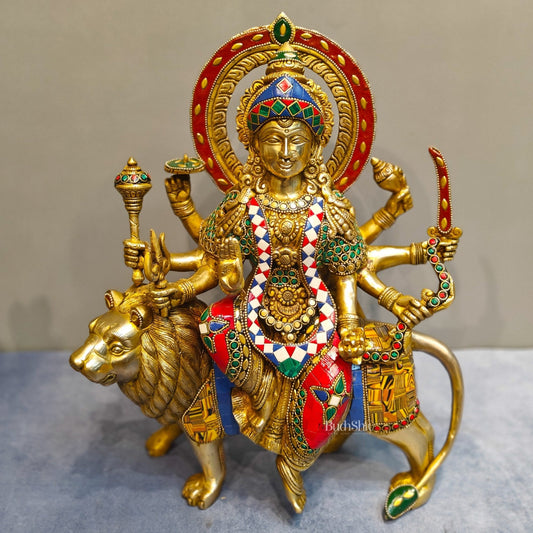 Exquisite Brass Durga Mata Idol | Devi Durga Sculpture | 15" stonework