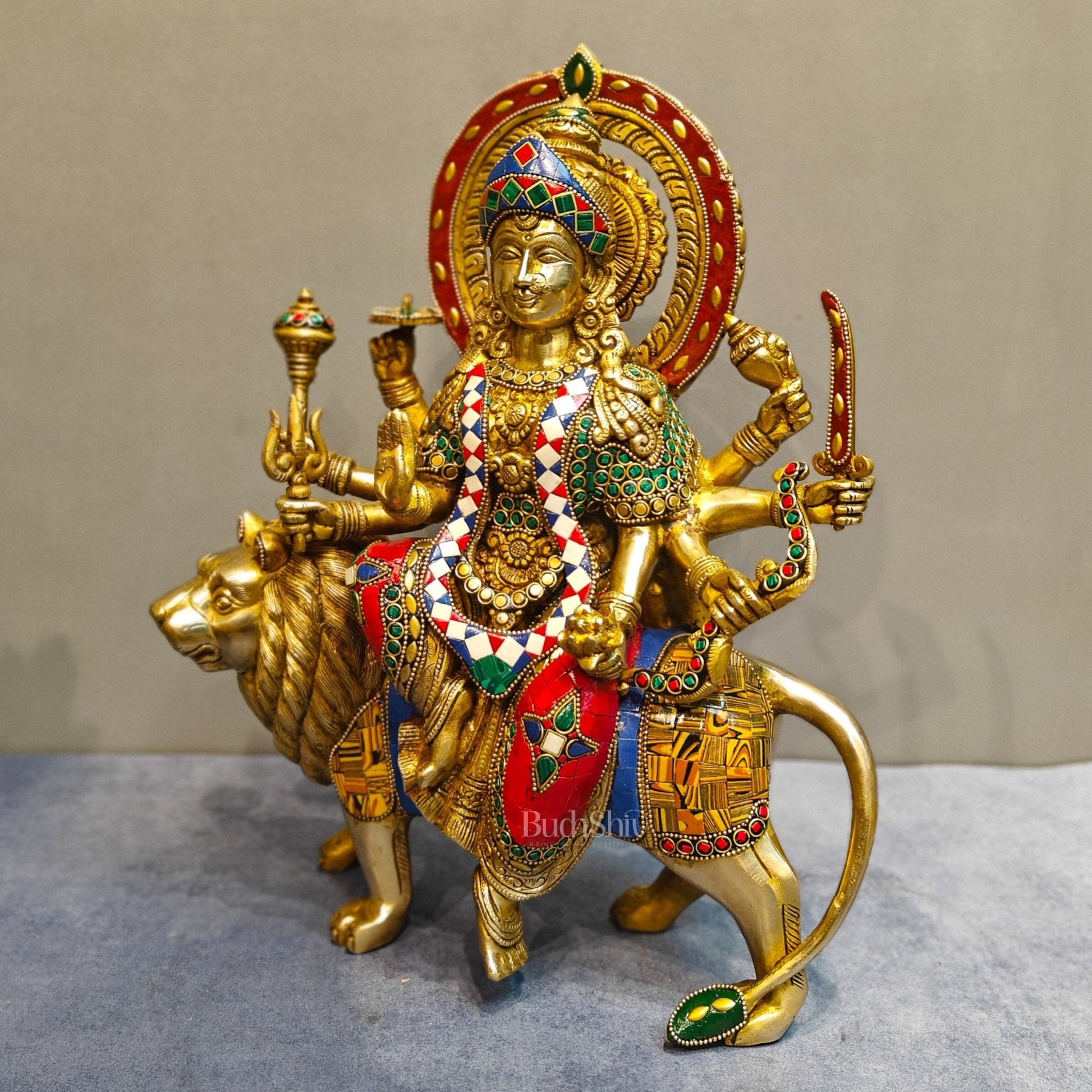 Exquisite Brass Durga Mata Idol | Devi Durga Sculpture | 15" stonework