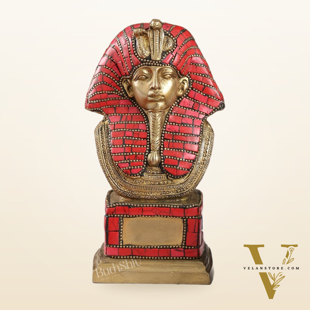 Exquisite Brass Egyptian Pharaoh Statue with Stonework | 7" Height