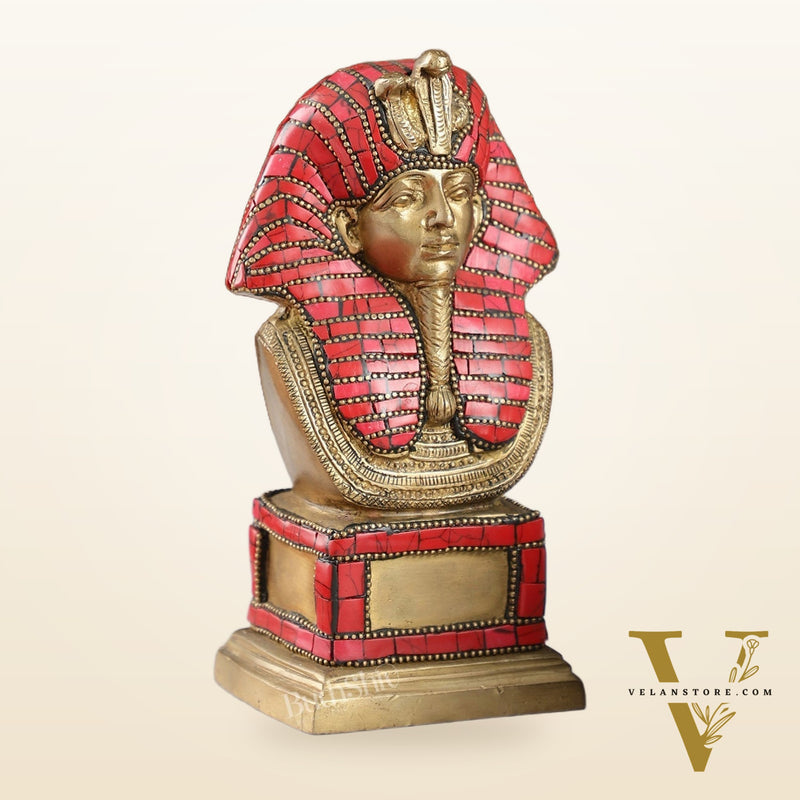 Exquisite Brass Egyptian Pharaoh Statue with Stonework | 7" Height