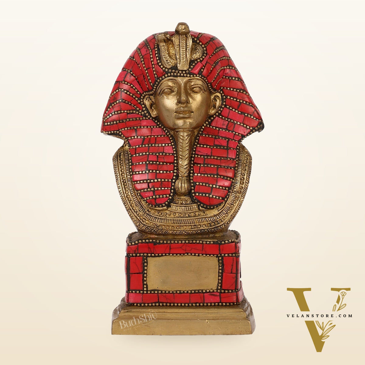 Exquisite Brass Egyptian Pharaoh Statue with Stonework | 7" Height