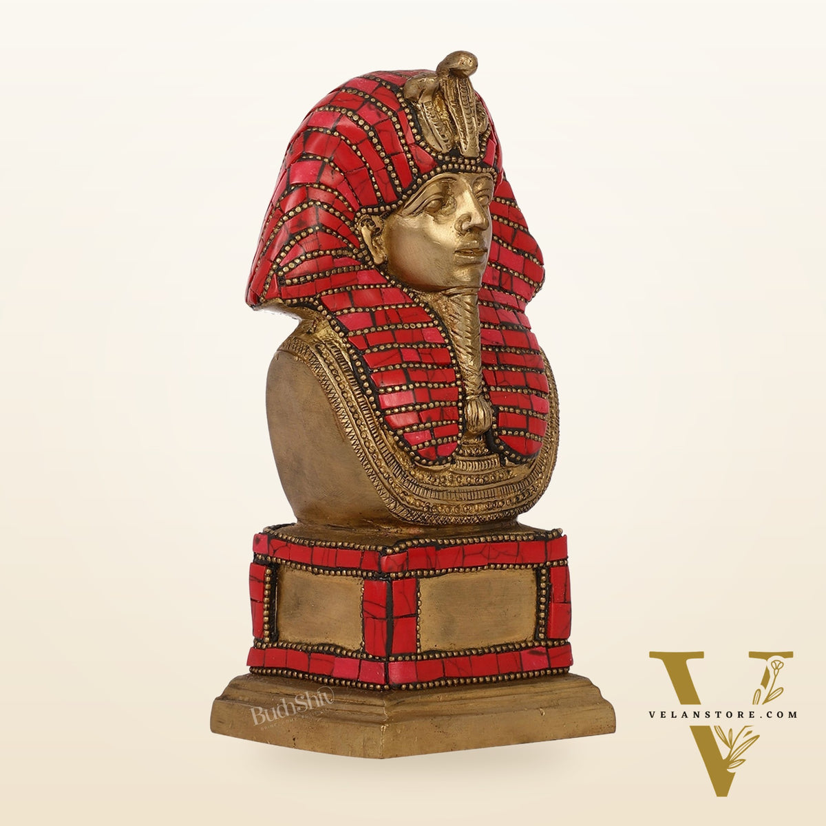 Exquisite Brass Egyptian Pharaoh Statue with Stonework | 7" Height