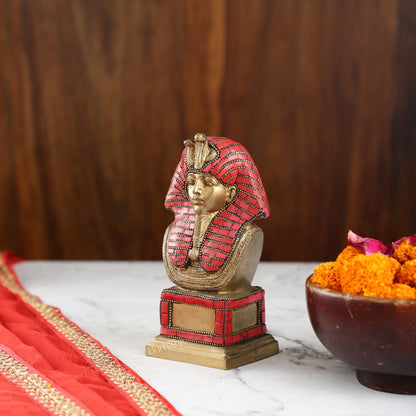 Exquisite Brass Egyptian Pharaoh Statue with Stonework | 7" Height