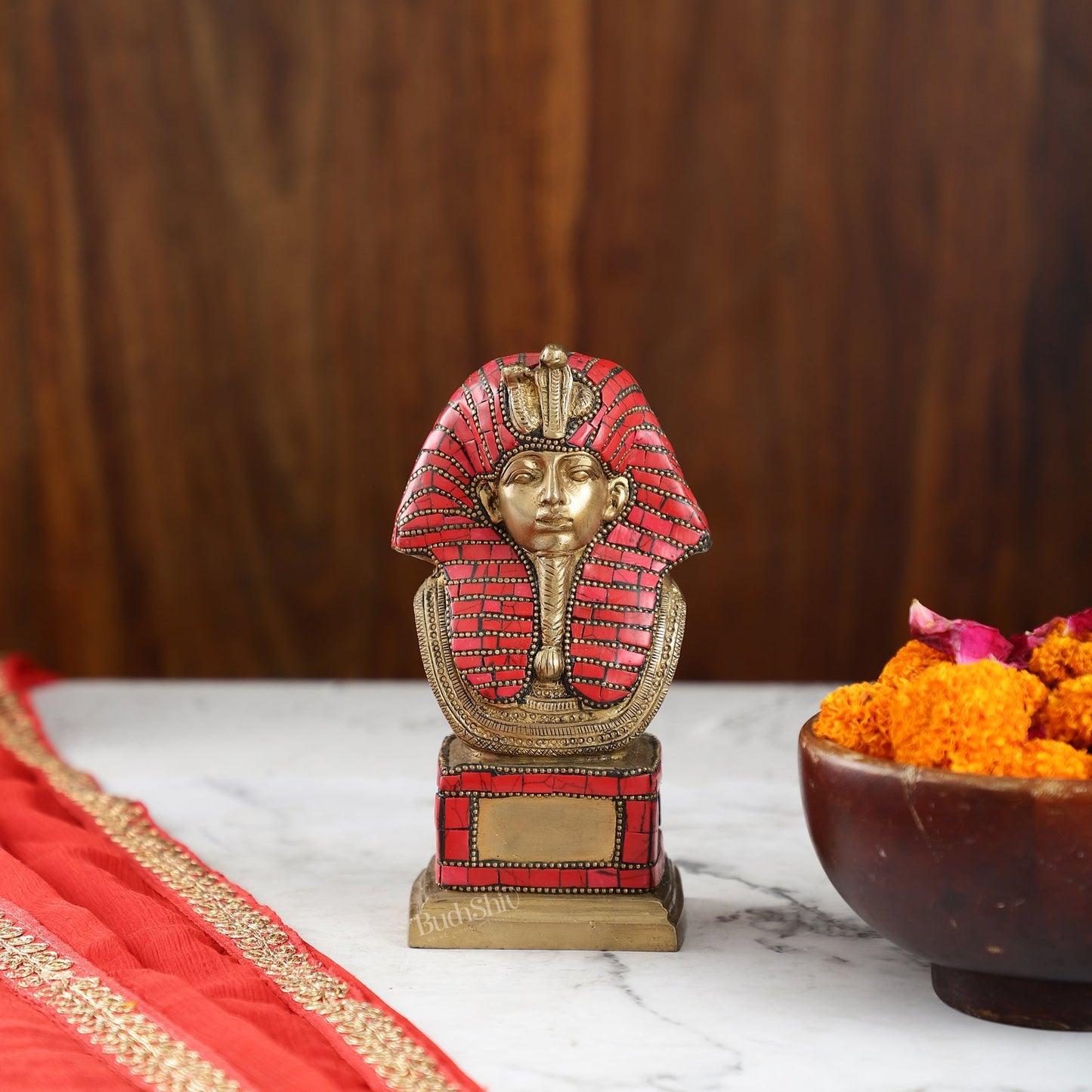 Exquisite Brass Egyptian Pharaoh Statue with Stonework | 7" Height