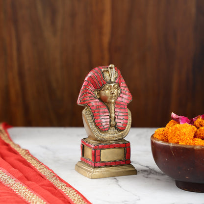 Exquisite Brass Egyptian Pharaoh Statue with Stonework | 7" Height