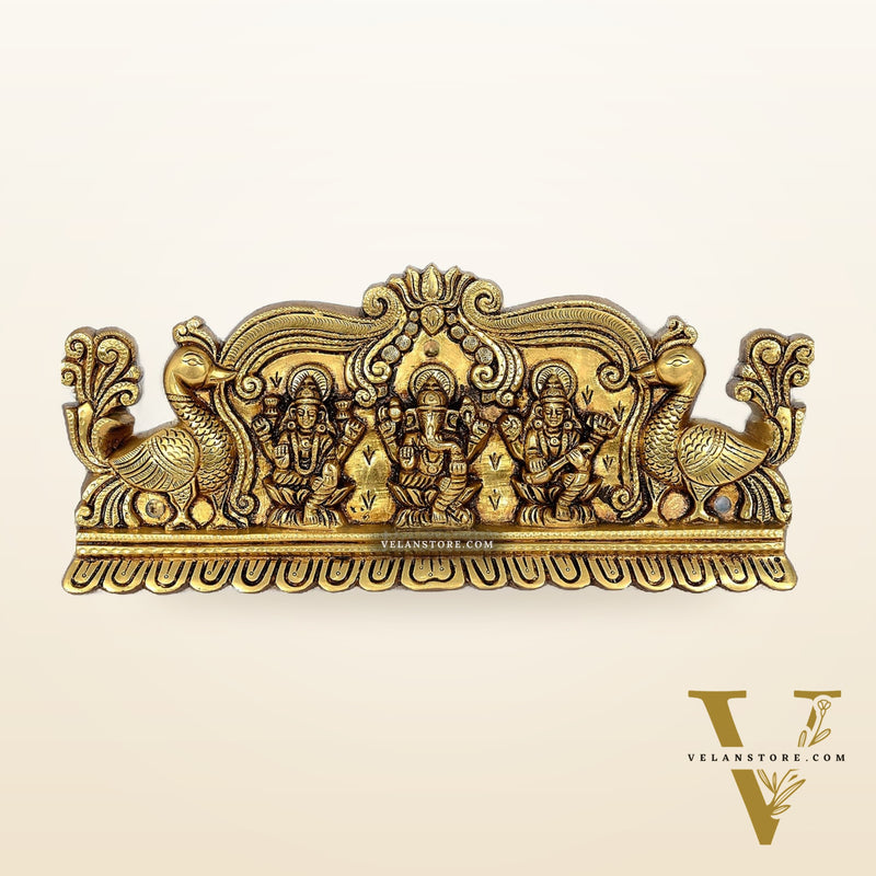 Exquisite Brass Ganesh, Lakshmi, and Saraswati Wall Hanging | 14 inch wide