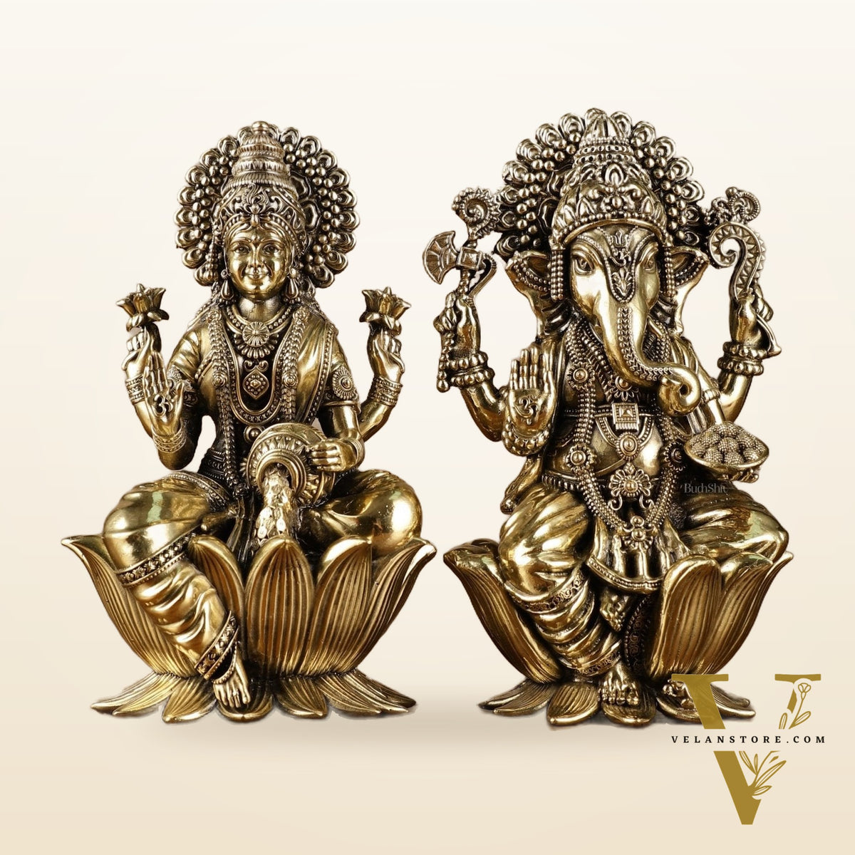 Exquisite Brass Ganesh Lakshmi Idol Pair | 8 Inch