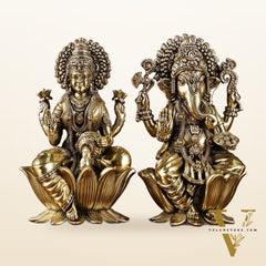 Exquisite Brass Ganesh Lakshmi Idol Pair | 8 Inch