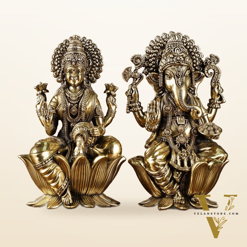 Exquisite Brass Ganesh Lakshmi Idol Pair | 8 Inch