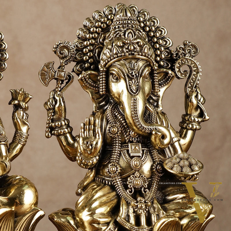 Exquisite Brass Ganesh Lakshmi Idol Pair | 8 Inch