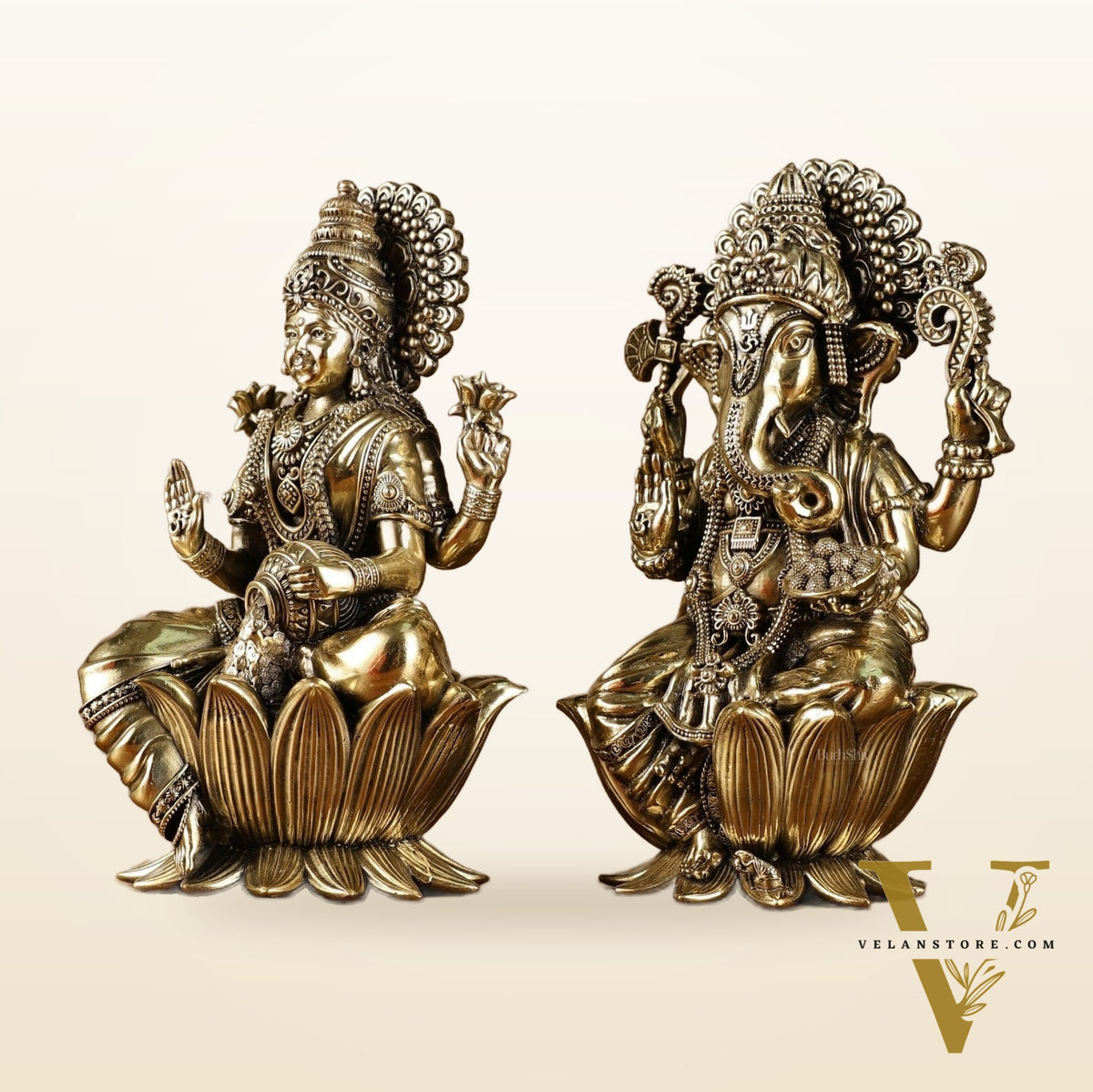 Exquisite Brass Ganesh Lakshmi Idol Pair | 8 Inch