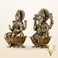 Exquisite Brass Ganesh Lakshmi Idol Pair | 8 Inch