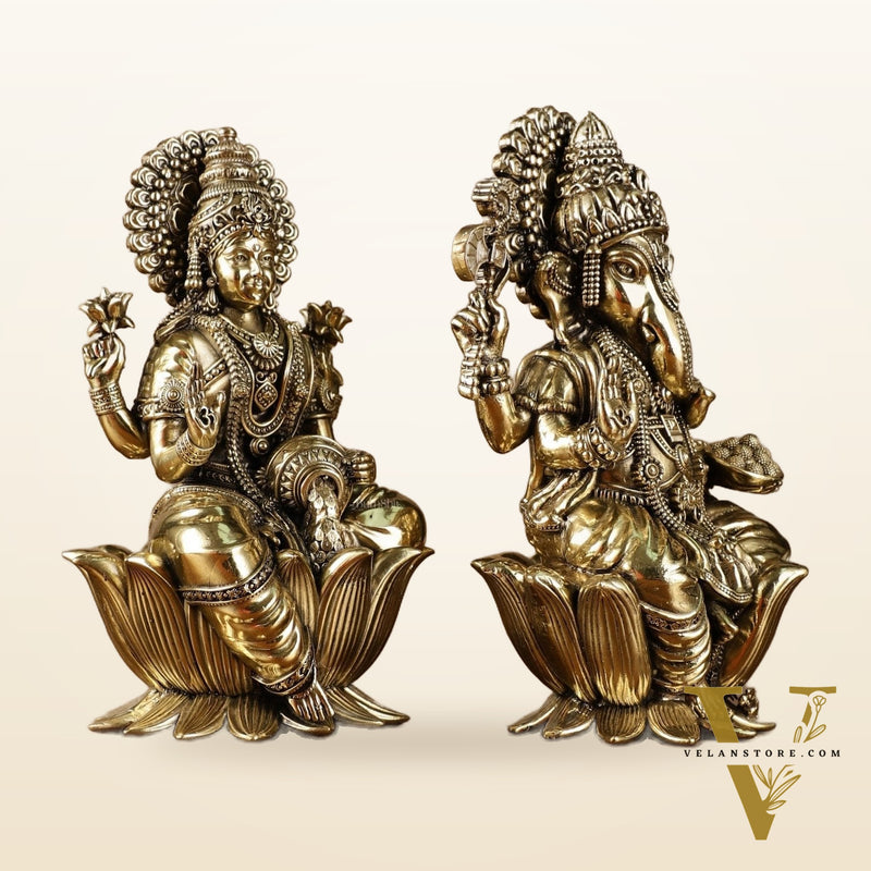 Exquisite Brass Ganesh Lakshmi Idol Pair | 8 Inch