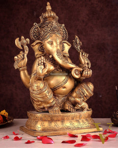 Exquisite Brass Ganesha Idol – Handcrafted 16-Inch Statue