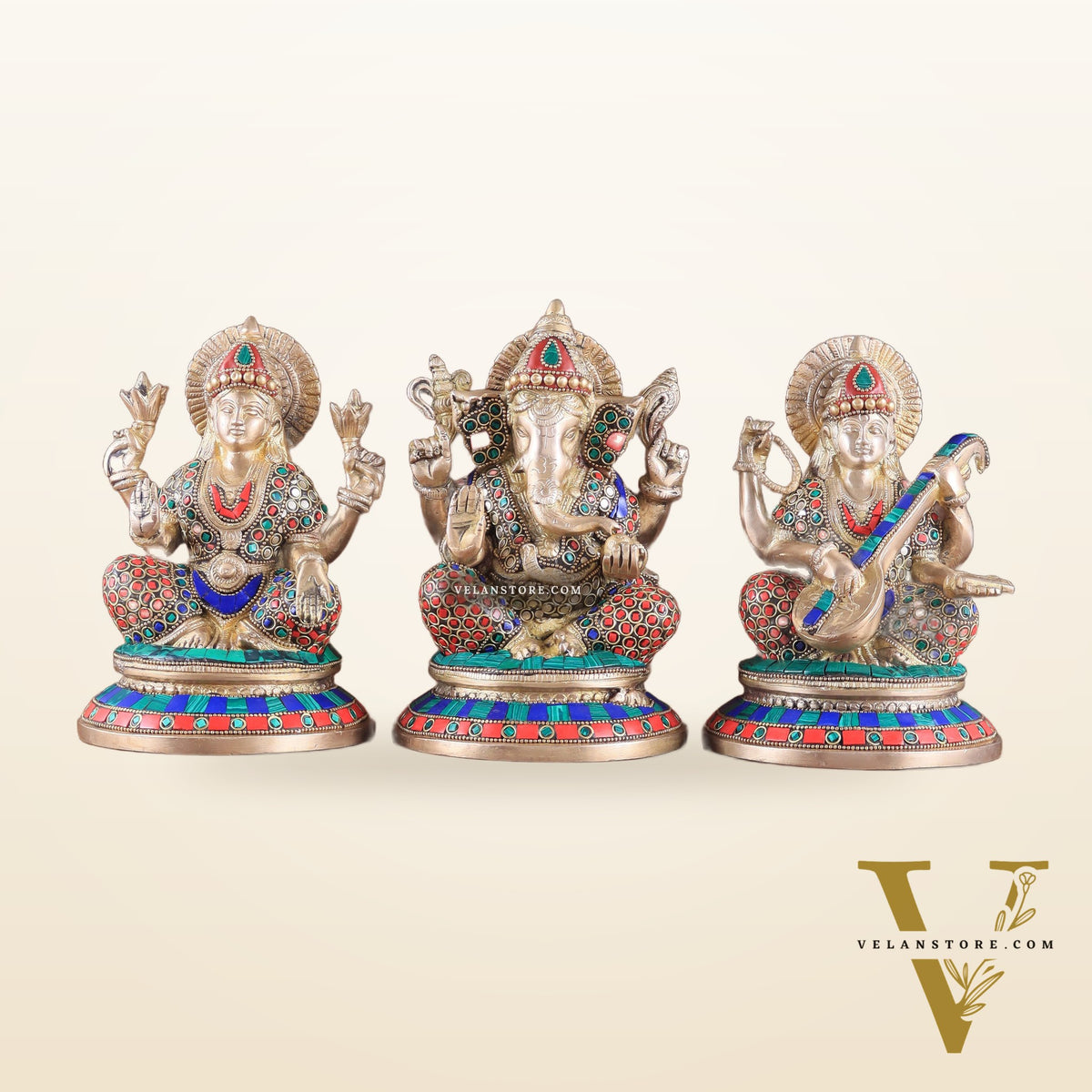 Exquisite Brass Ganesha, Lakshmi, Saraswati Idol Set with Stonework 8"