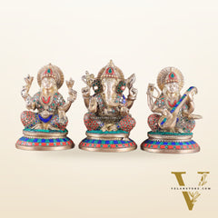 Exquisite Brass Ganesha, Lakshmi, Saraswati Idol Set with Stonework 8"